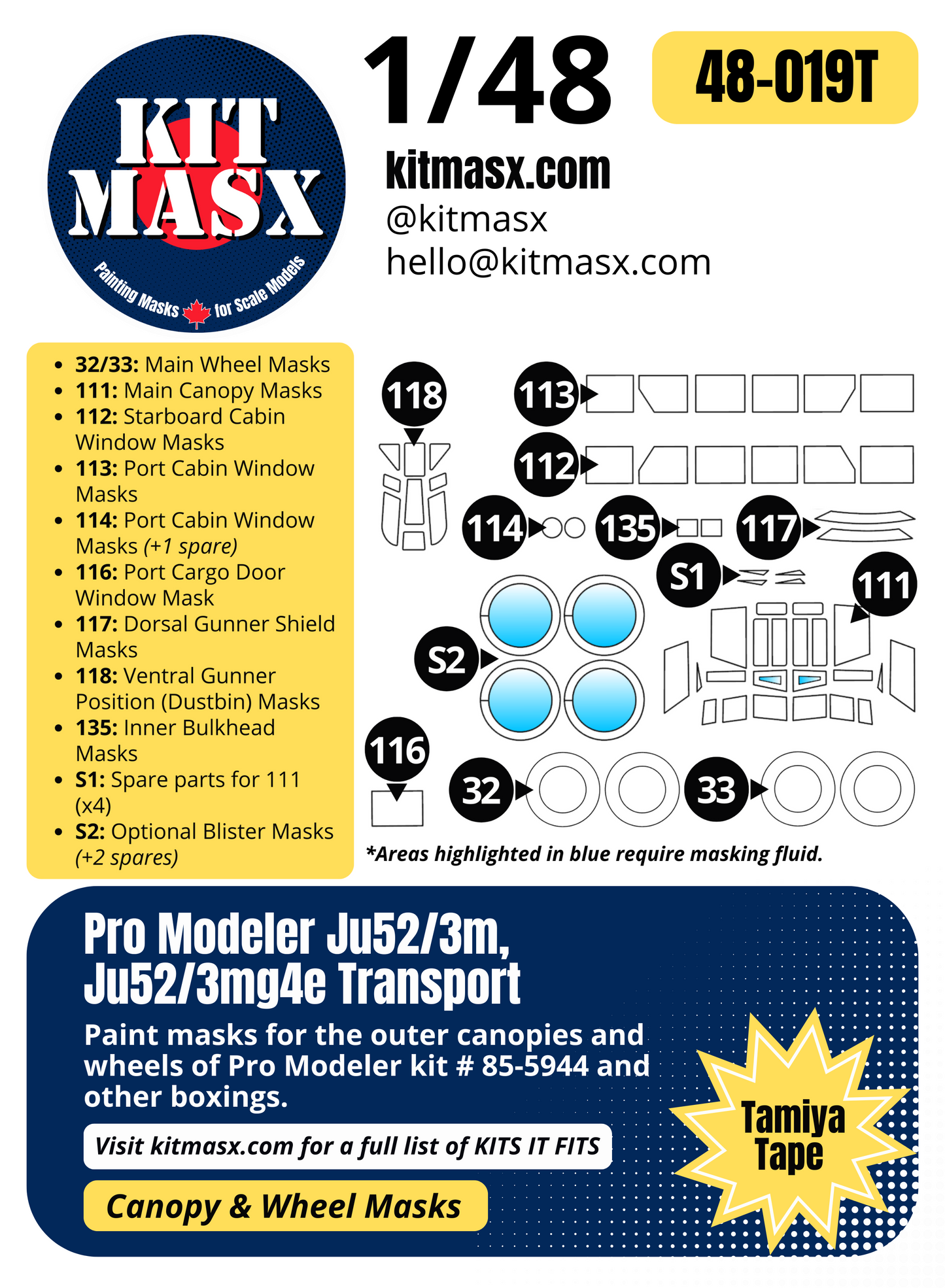 Pro Modeler Junkers Ju52/3m, Ju52/3mg4e Transport 1/48 Canopy & Wheel Paint Masks, Kit # 85-5944