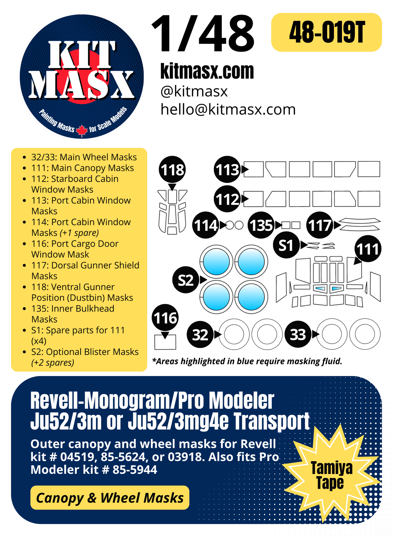 Pro Modeler Ju52/3m, Ju52/3mg4e Transport 1/48 Canopy & Wheel Paint Masks, Kit # 85-5944