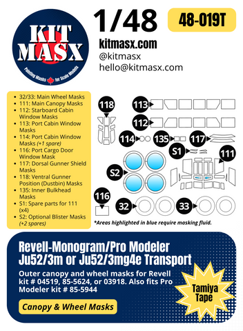 Pro Modeler Ju52/3m, Ju52/3mg4e Transport 1/48 Canopy & Wheel Paint Masks, Kit # 85-5944