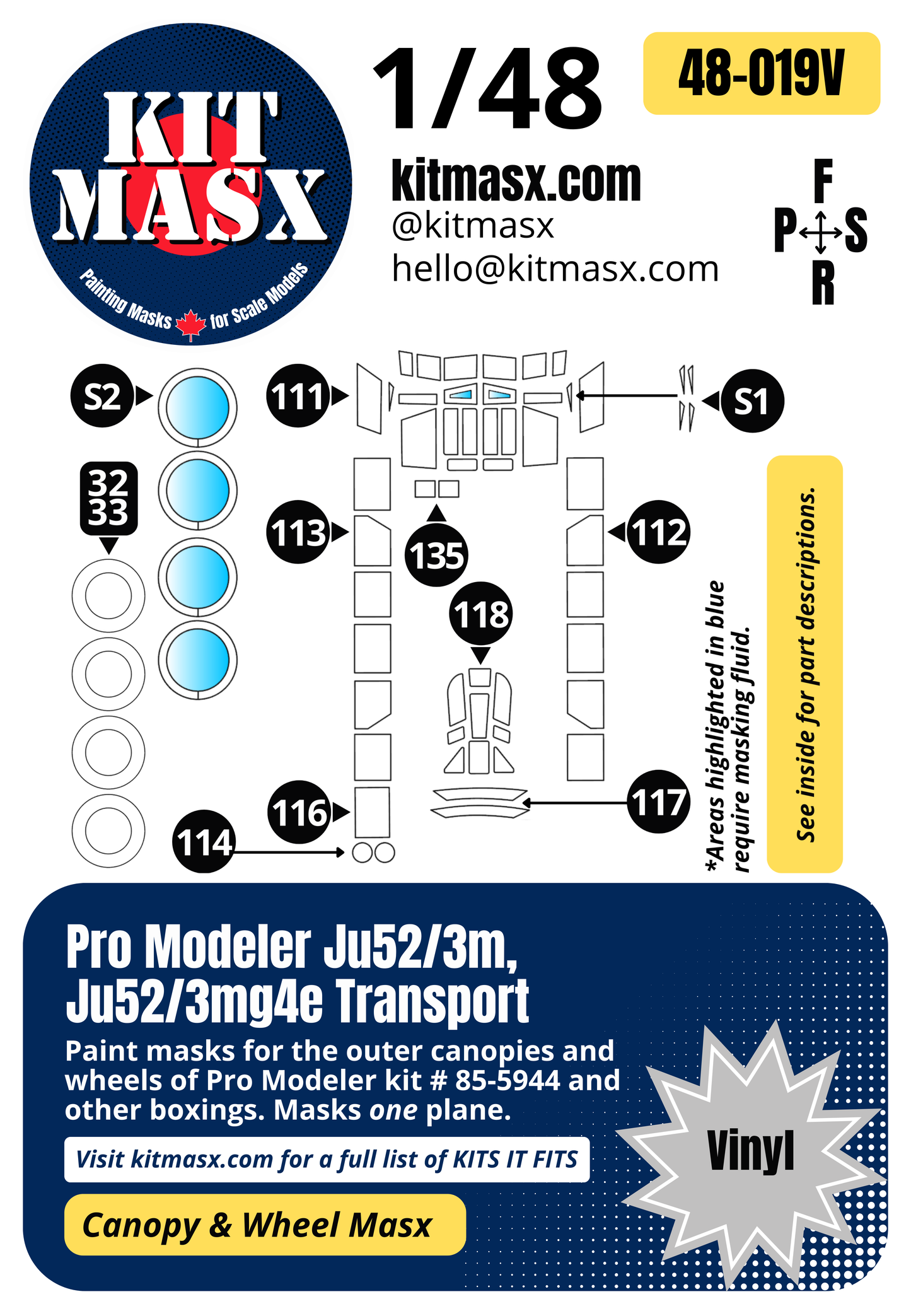 Pro Modeler Junkers Ju52/3m, Ju52/3mg4e Transport 1/48 Canopy & Wheel Paint Masks, Kit # 85-5944 (48019)