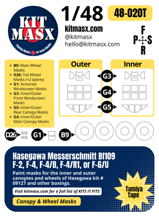 Hasegawa Messerschmitt Bf109  F-2, F-4, F-4/B, F-4/R1, or F-6/U 1/48 Canopy & Wheel Paint Masks, Kit # 09127