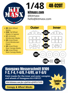 Hasegawa Messerschmitt Bf109  F-2, F-4, F-4/B, F-4/R1, or F-6/U 1/48 Canopy & Wheel Paint Masks, Kit # 09127