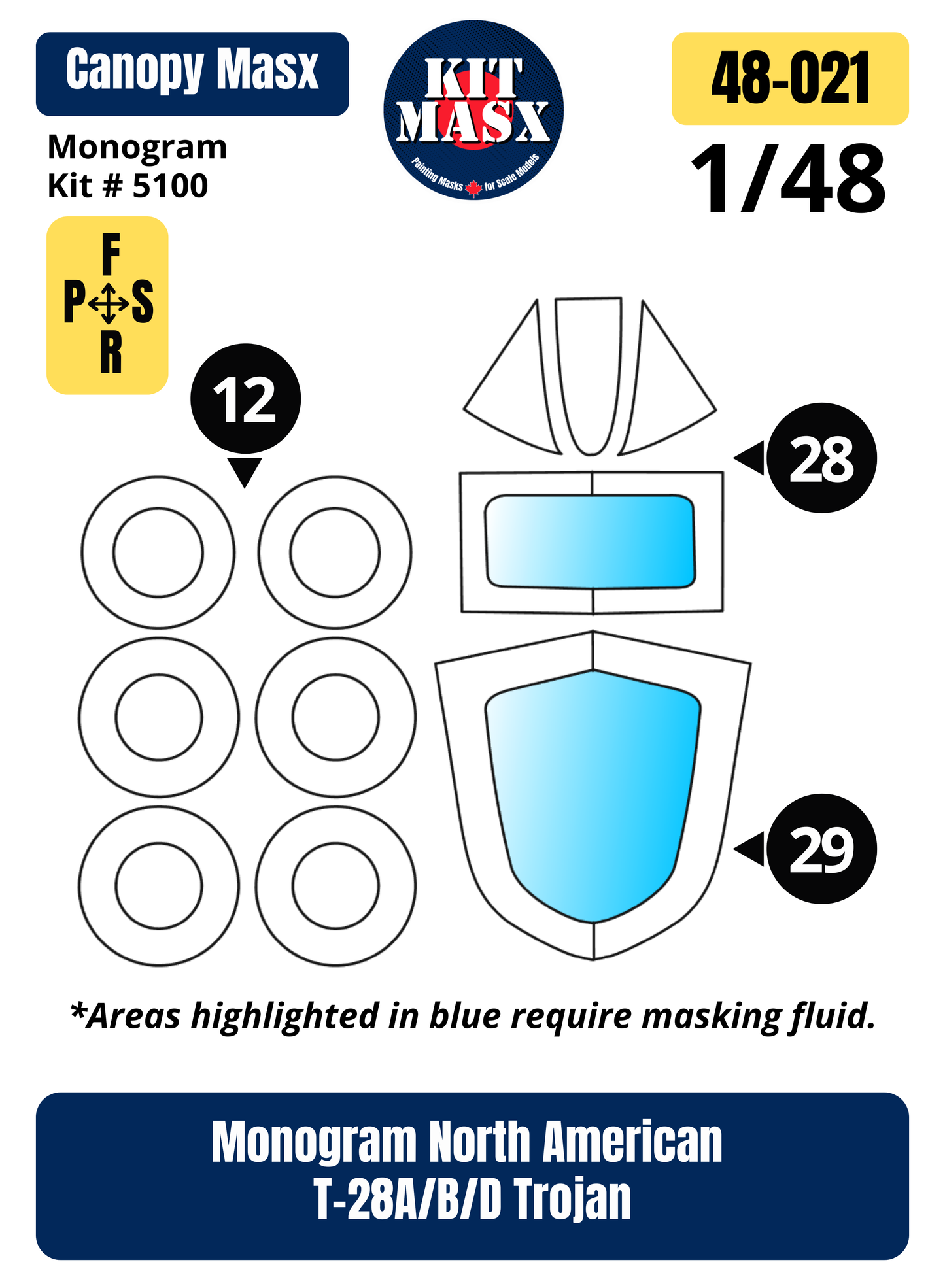 Monogram North American T-28A/B/D Trojan 1/48 Canopy & Wheel Paint Masks, Kit # 5100 (48021)