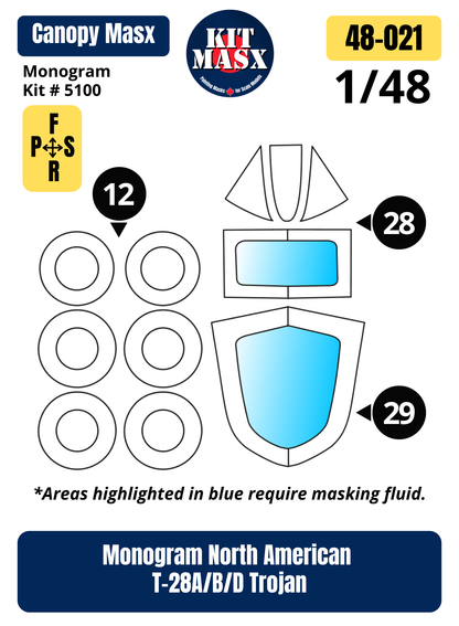 Monogram North American T-28A/B/D Trojan 1/48 Canopy & Wheel Paint Masks, Kit # 5100 (48021)