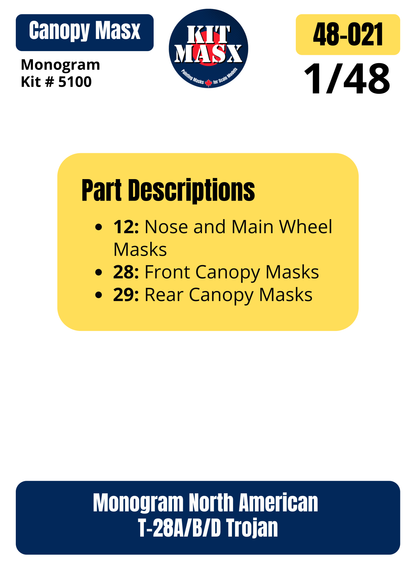 Monogram North American T-28A/B/D Trojan 1/48 Canopy & Wheel Paint Masks, Kit # 5100 (48021)