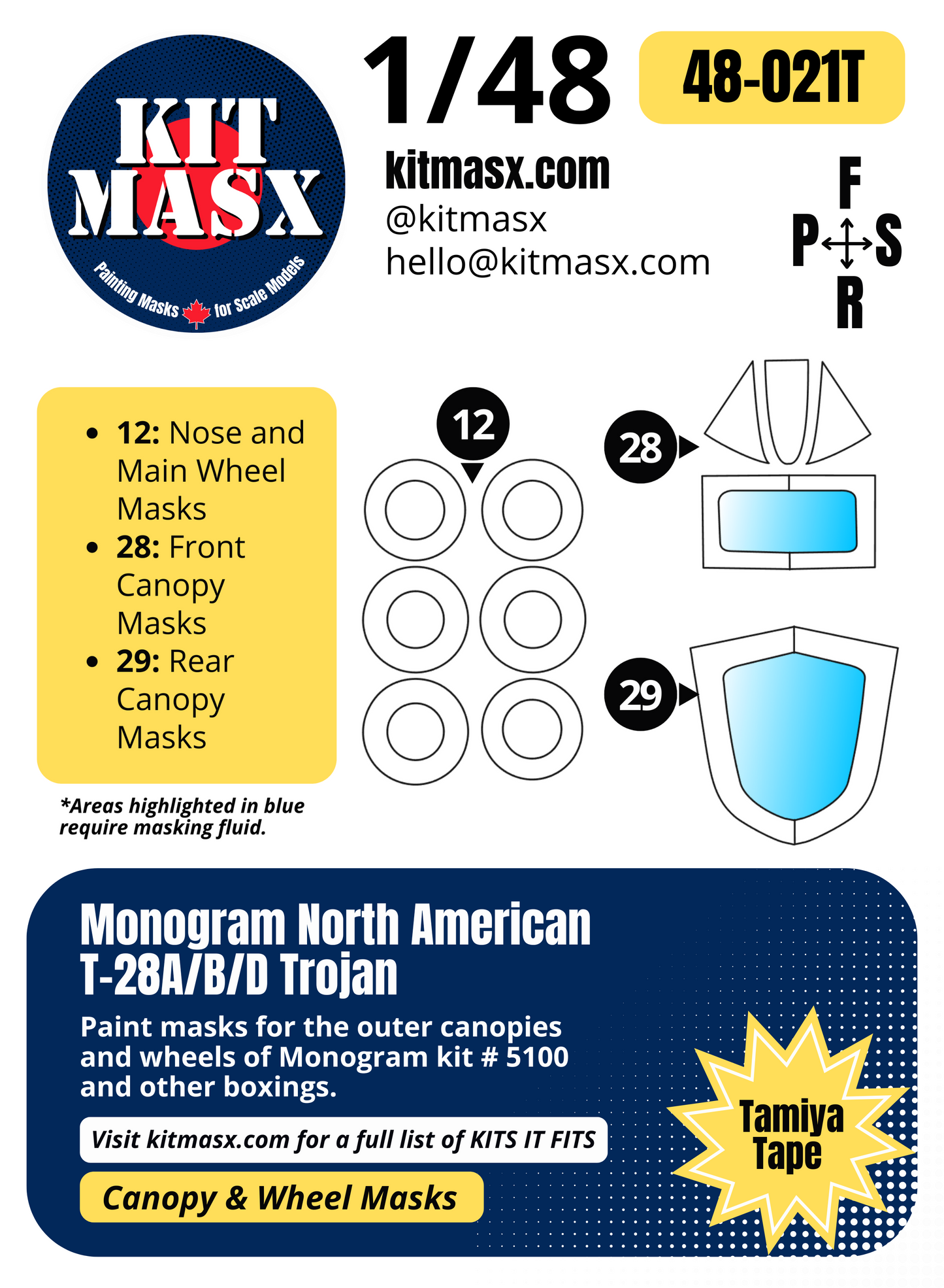 Monogram North American T-28A/B/D Trojan 1/48 Canopy & Wheel Paint Masks, Kit # 5100