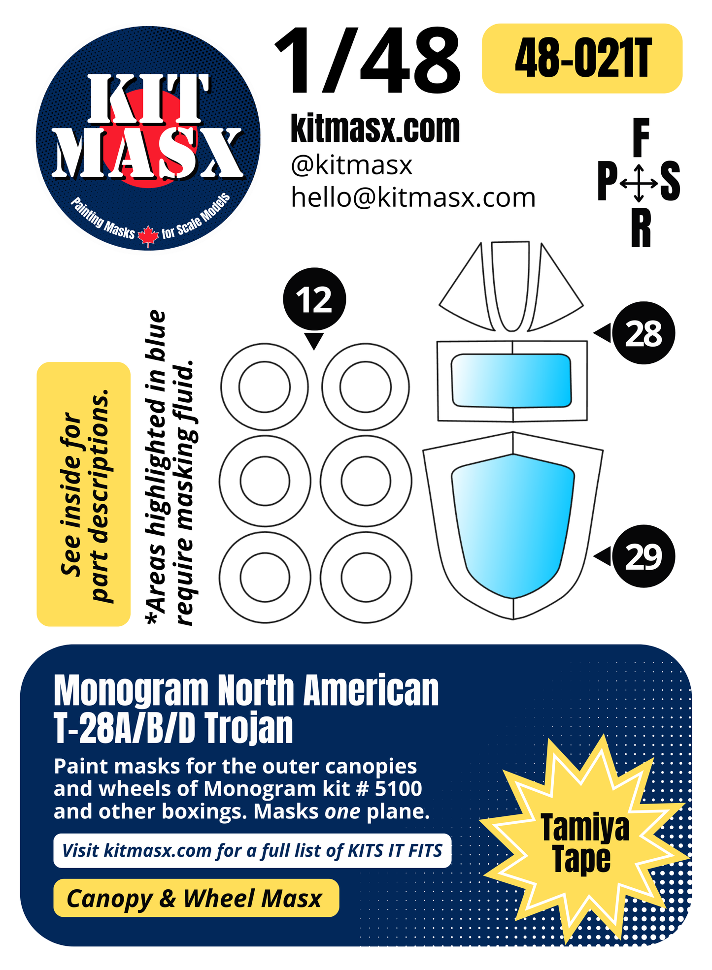 Monogram North American T-28A/B/D Trojan 1/48 Canopy & Wheel Paint Masks, Kit # 5100 (48021)