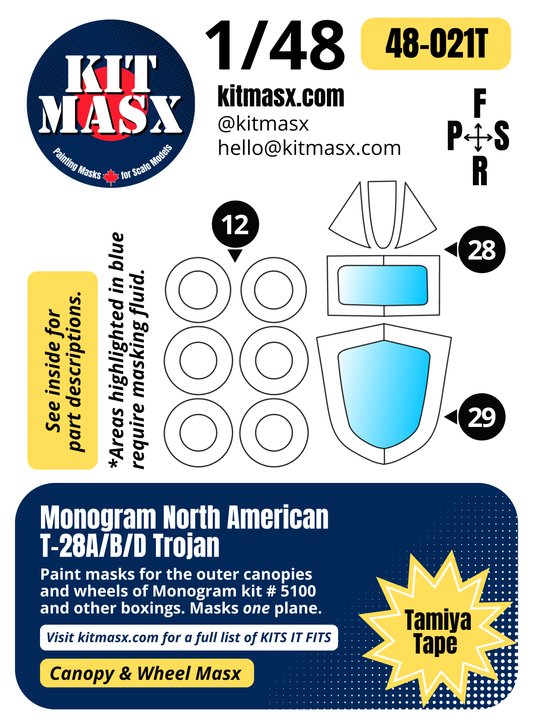 Monogram North American T-28A/B/D Trojan 1/48 Canopy & Wheel Paint Masks, Kit # 5100 (48021)