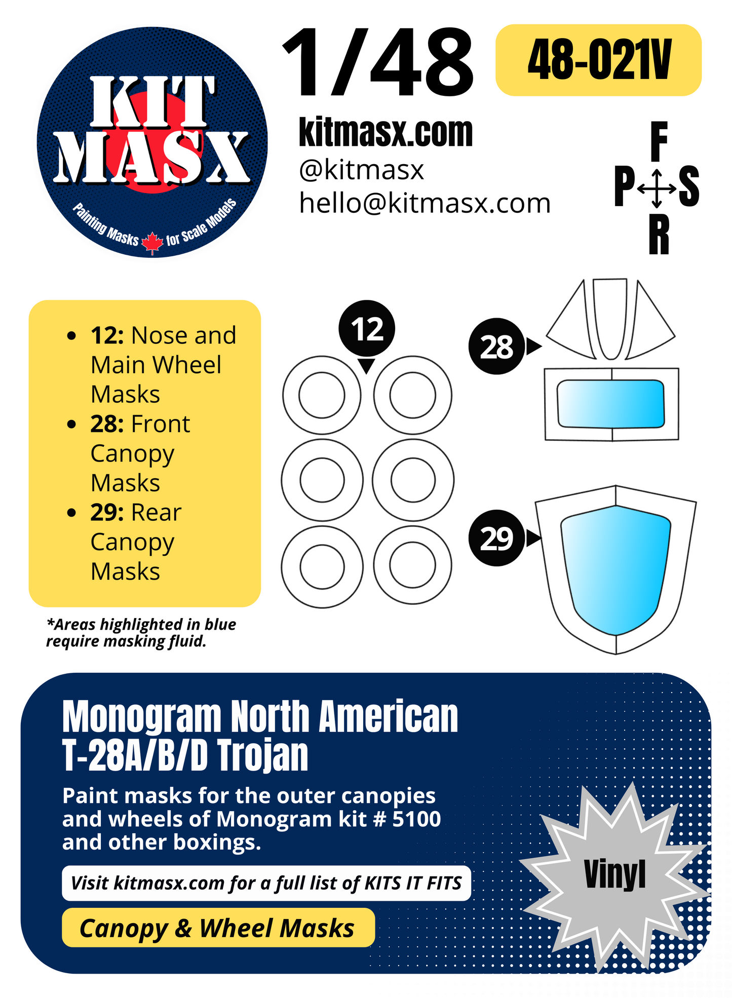 Monogram North American T-28A/B/D Trojan 1/48 Canopy & Wheel Paint Masks, Kit # 5100