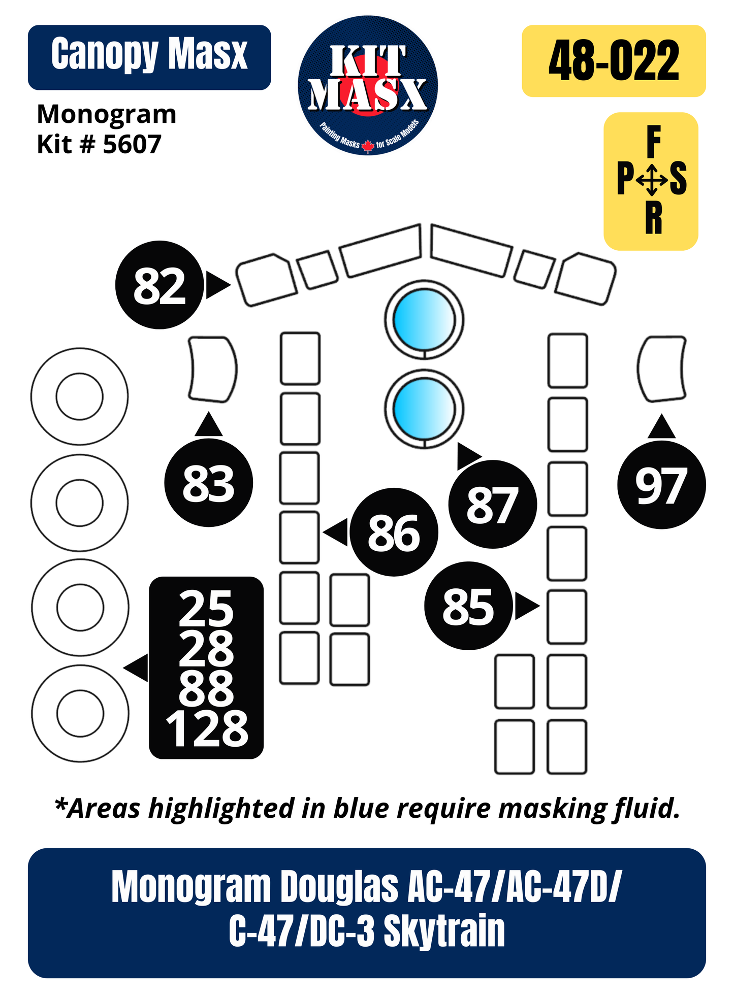 Monogram Douglas AC-47/AC-47D/C-47/DC-3 Skytrain 1/48 Canopy & Wheel Paint Masks, Kit # 5607