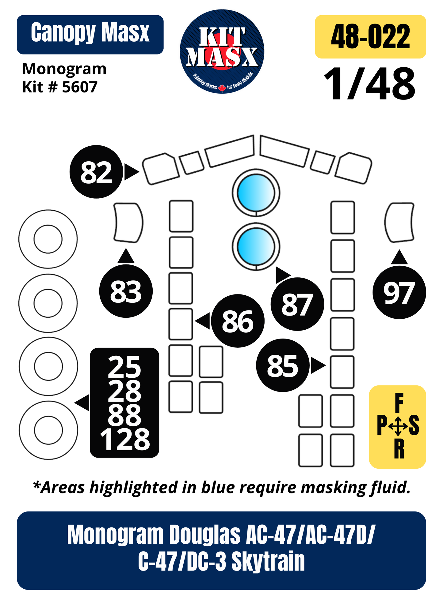 Monogram Douglas AC-47/AC-47D/C-47/DC-3 Skytrain 1/48 Canopy & Wheel Paint Masks, Kit # 5607 (48022)