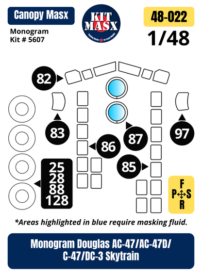 Monogram Douglas AC-47/AC-47D/C-47/DC-3 Skytrain 1/48 Canopy & Wheel Paint Masks, Kit # 5607 (48022)