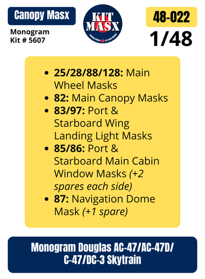 Monogram Douglas AC-47/AC-47D/C-47/DC-3 Skytrain 1/48 Canopy & Wheel Paint Masks, Kit # 5607 (48022)