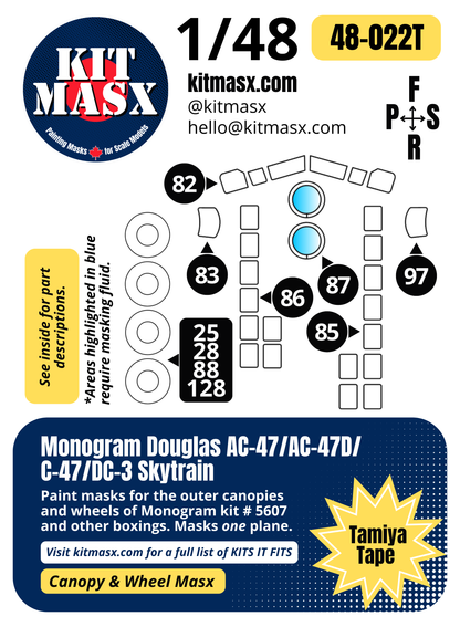 Monogram Douglas AC-47/AC-47D/C-47/DC-3 Skytrain 1/48 Canopy & Wheel Paint Masks, Kit # 5607