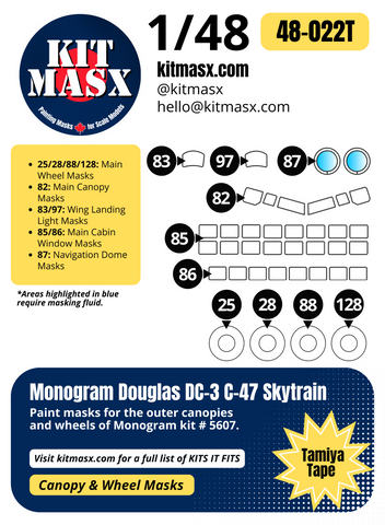 Monogram Douglas DC-3 C-47 Skytrain 1/48 Canopy & Wheel Paint Masks, Kit # 5607