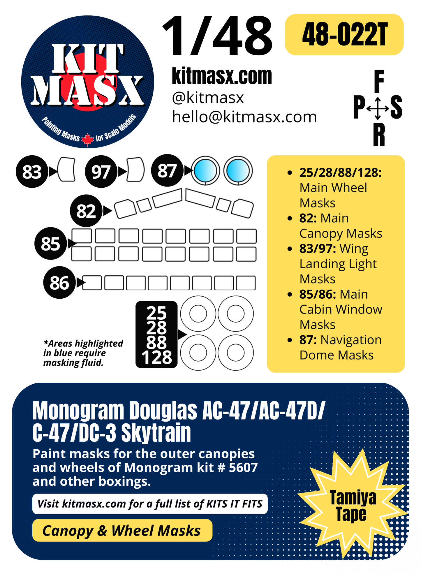 Monogram Douglas AC-47/AC-47D/C-47/DC-3 Skytrain 1/48 Canopy & Wheel Paint Masks, Kit # 5607