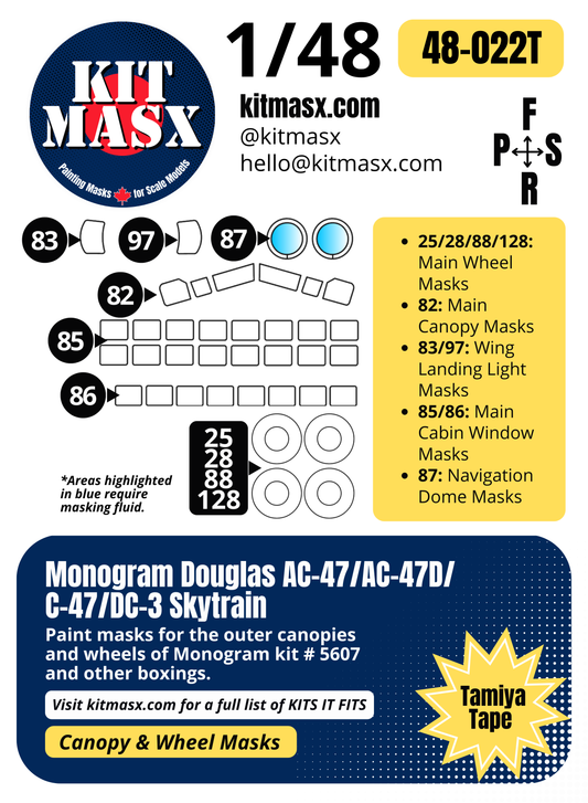Monogram Douglas AC-47/AC-47D/C-47/DC-3 Skytrain 1/48 Canopy & Wheel Paint Masks, Kit # 5607