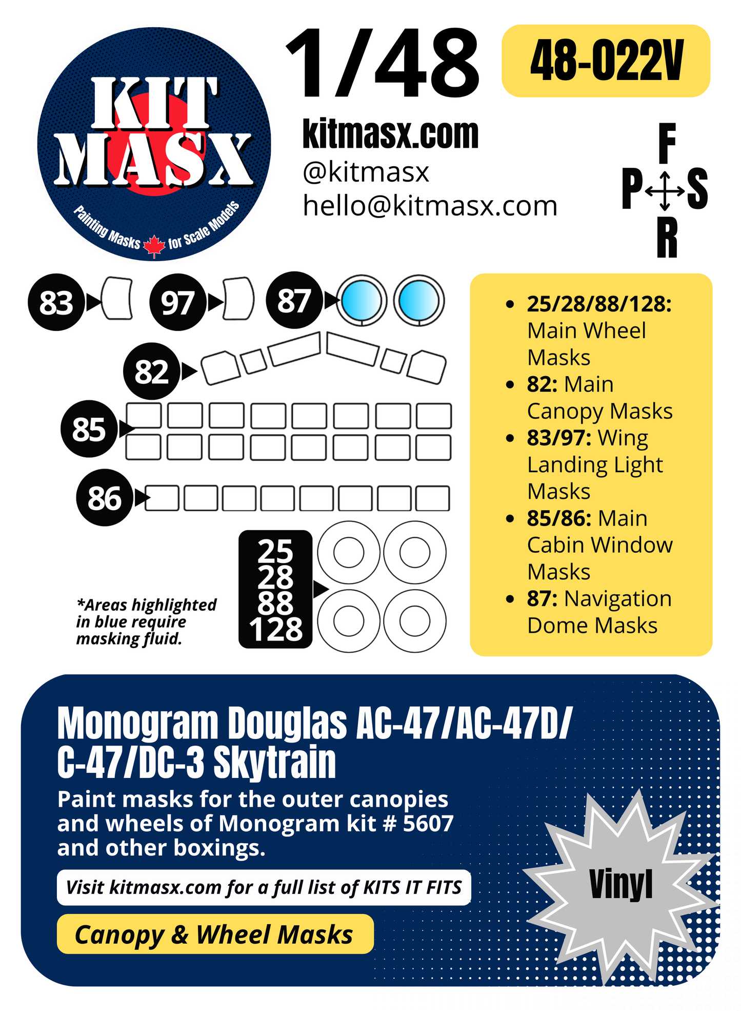 Monogram Douglas AC-47/AC-47D/C-47/DC-3 Skytrain 1/48 Canopy & Wheel Paint Masks, Kit # 5607