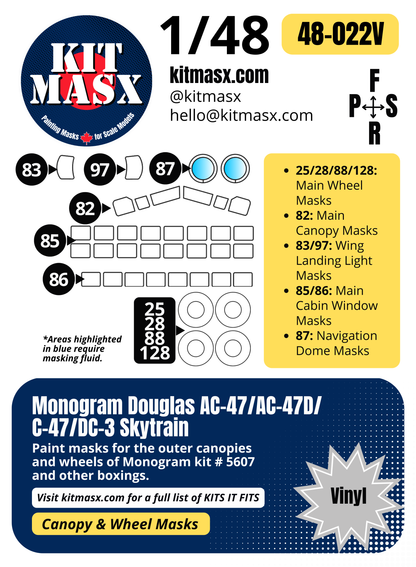 Monogram Douglas AC-47/AC-47D/C-47/DC-3 Skytrain 1/48 Canopy & Wheel Paint Masks, Kit # 5607