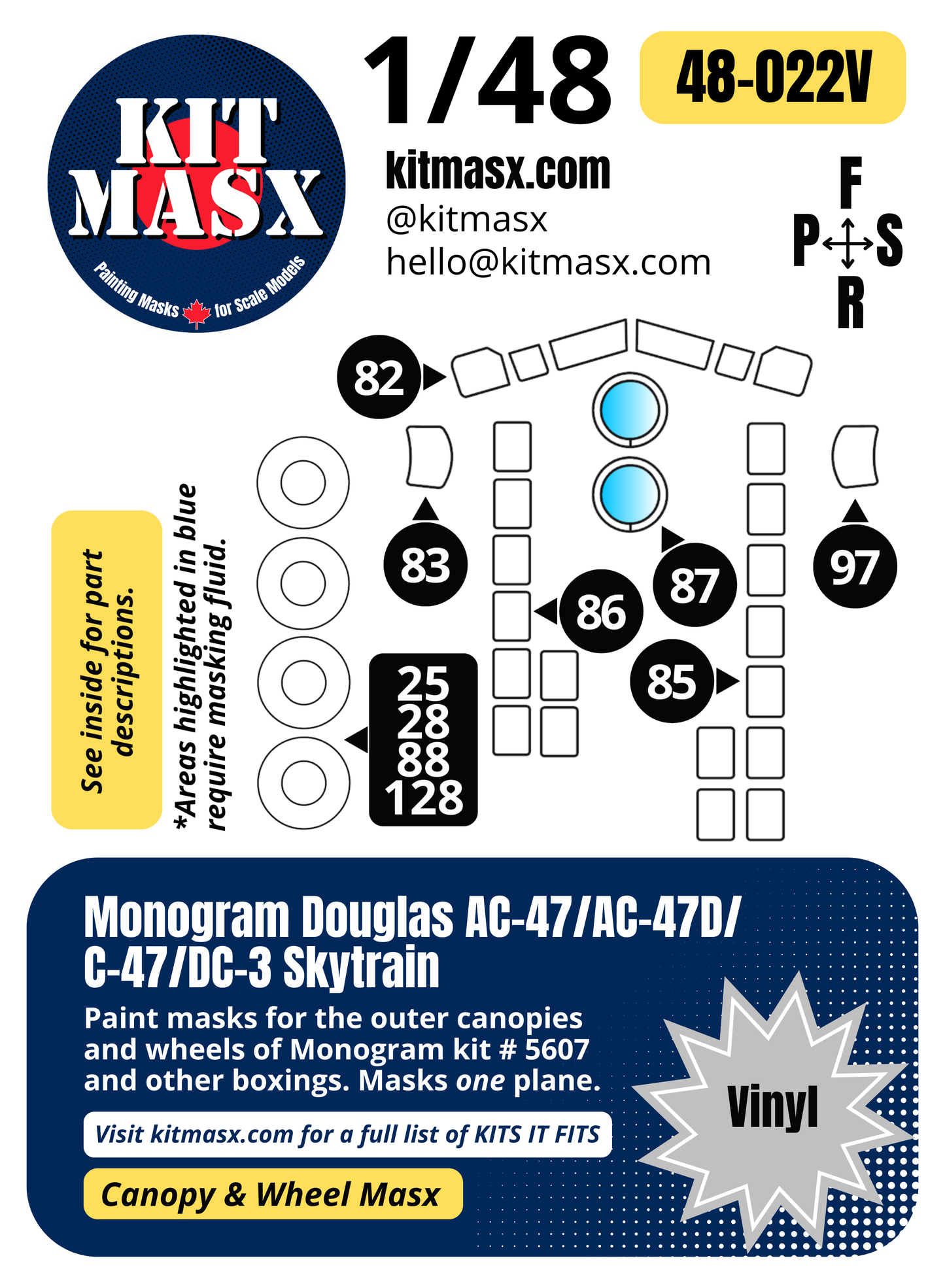 Monogram Douglas AC-47/AC-47D/C-47/DC-3 Skytrain 1/48 Canopy & Wheel Paint Masks, Kit # 5607