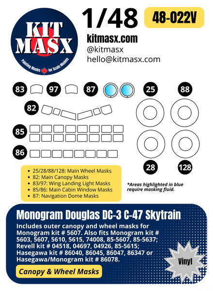 Monogram Douglas DC-3 C-47 Skytrain 1/48 Canopy & Wheel Paint Masks