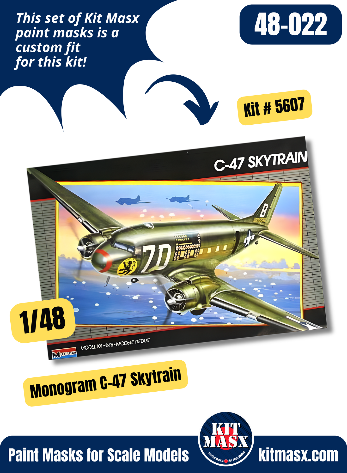 Monogram Douglas AC-47/AC-47D/C-47/DC-3 Skytrain 1/48 Canopy & Wheel Paint Masks, Kit # 5607