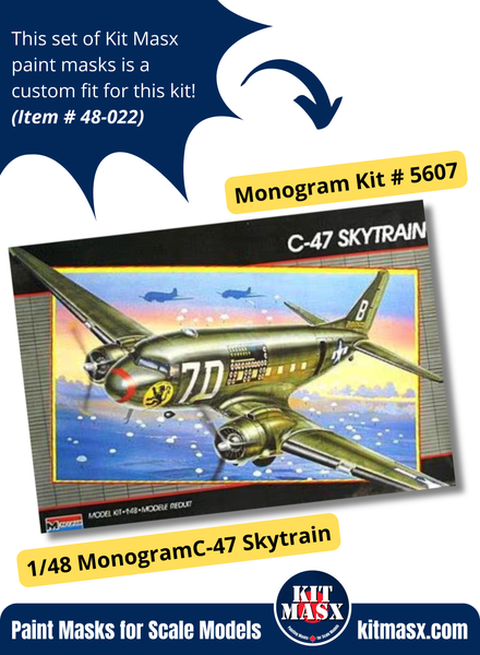 Monogram Douglas DC-3 C-47 Skytrain 1/48 Canopy & Wheel Paint Masks