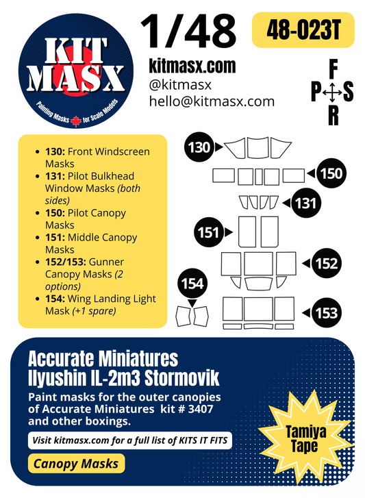 Accurate Miniatures Ilyushin IL-2m3 Stormovik 1/48 Canopy Paint Masks, Kit # 3407