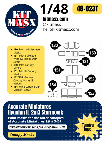 Accurate Miniatures Ilyushin IL-2m3 Stormovik 1/48 Canopy Paint Masks, Kit # 3407