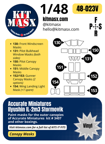 Accurate Miniatures Ilyushin IL-2m3 Stormovik 1/48 Canopy Paint Masks, Kit # 3407