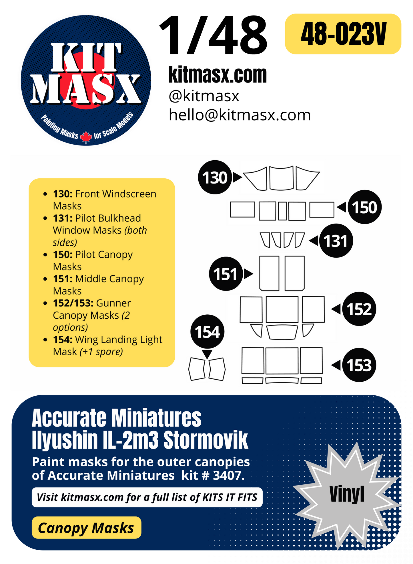 Accurate Miniatures Ilyushin IL-2m3 Stormovik 1/48 Canopy Paint Masks, Kit # 3407