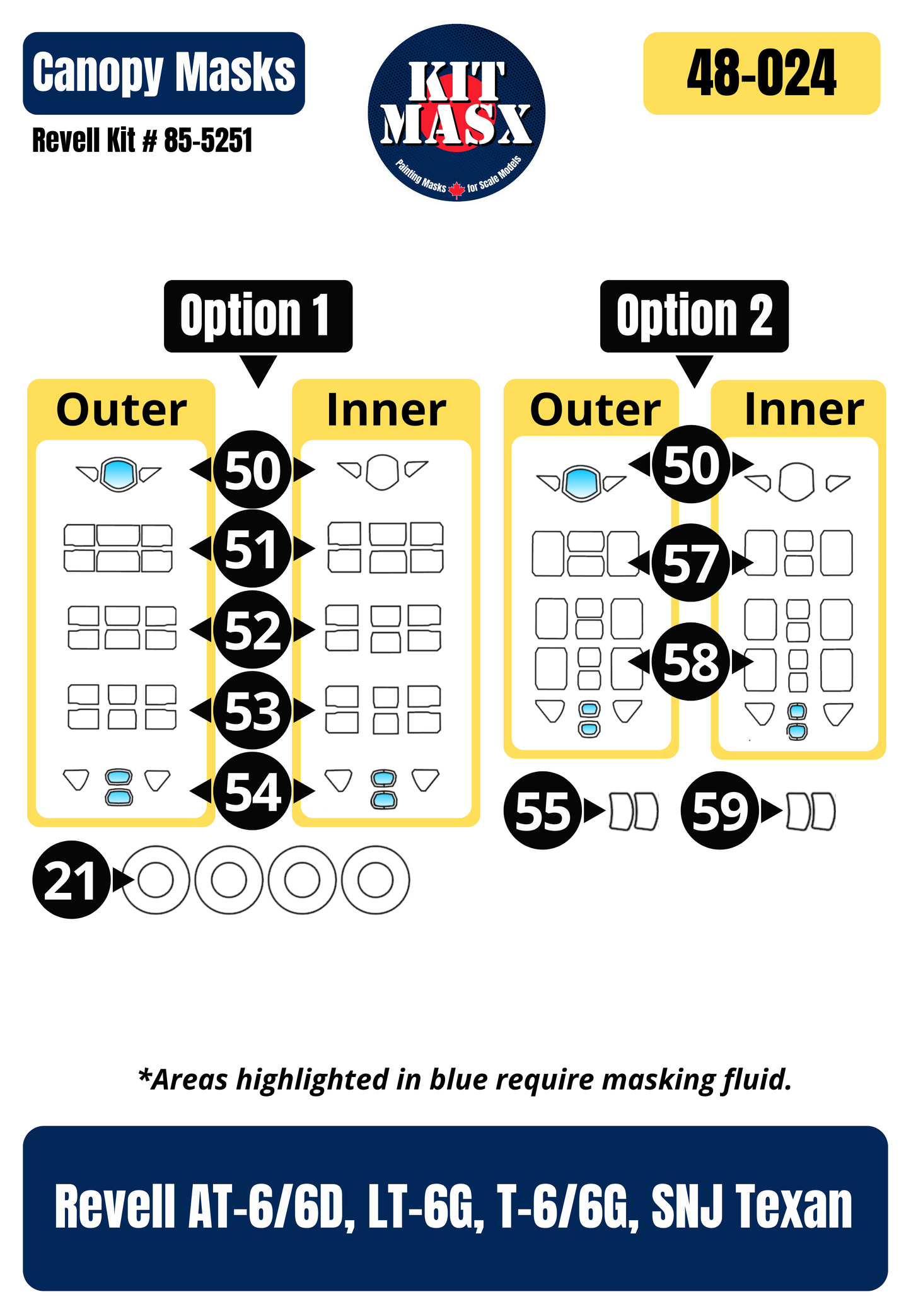 Revell AT-6/6D, LT-6G, T-6/6G, SNJ Texan 1/48 Canopy & Wheel Paint Masks, Kit # 85-5251