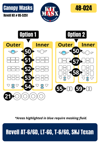 Revell AT-6/6D, LT-6G, T-6/6G, SNJ Texan 1/48 Canopy & Wheel Paint Masks, Kit # 85-5251
