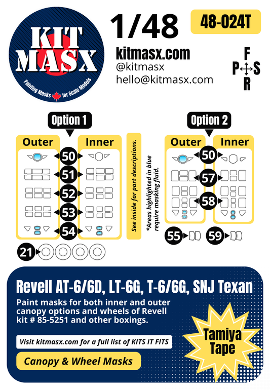 Revell AT-6/6D, LT-6G, T-6/6G, SNJ Texan 1/48 Canopy & Wheel Paint Masks, Kit # 85-5251