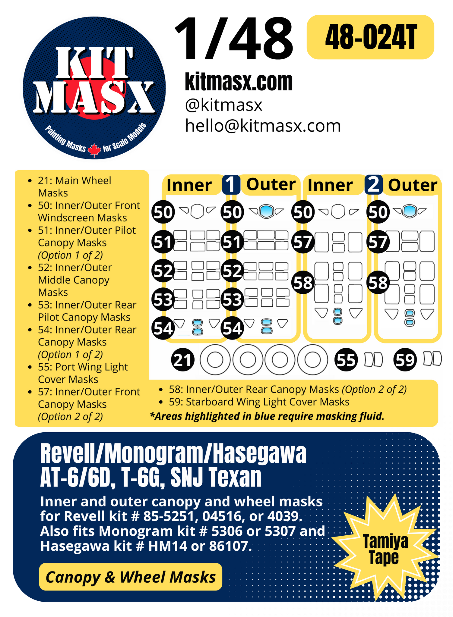 Revell/Monogram/Hasegawa AT-6/6D, T-6G, SNJ Texan 1/48 Canopy & Wheel Paint Masks