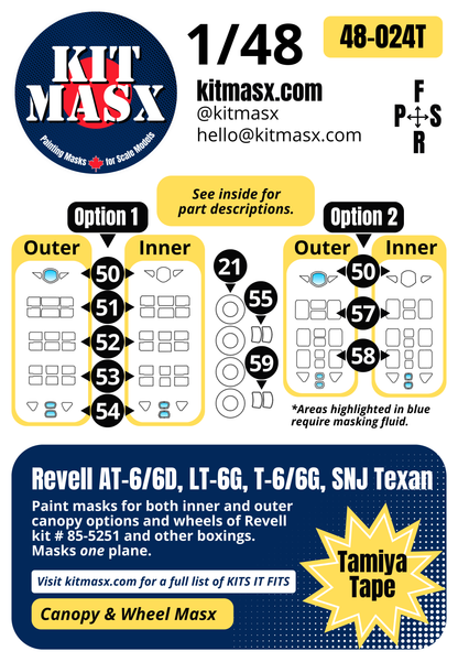 Revell AT-6/6D, LT-6G, T-6/6G, SNJ Texan 1/48 Canopy & Wheel Paint Masks, Kit # 85-5251 (48024)