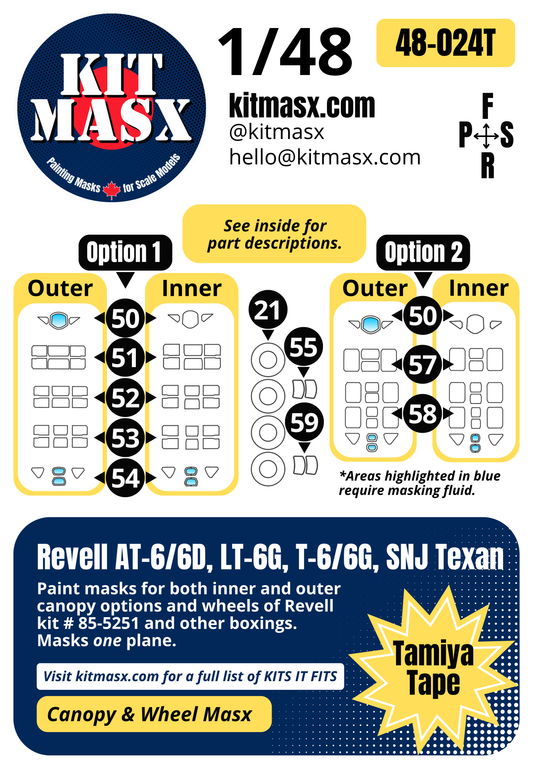 Revell AT-6/6D, LT-6G, T-6/6G, SNJ Texan 1/48 Canopy & Wheel Paint Masks, Kit # 85-5251 (48024)