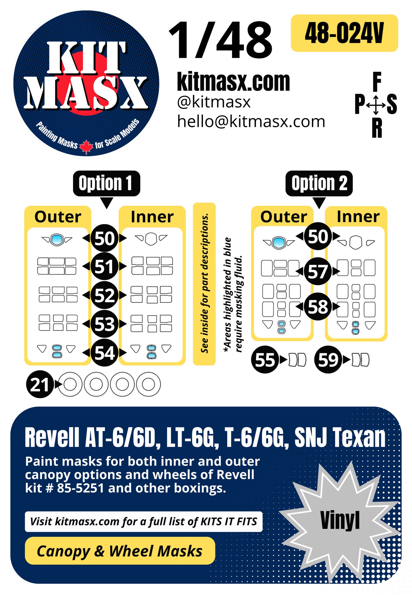Revell AT-6/6D, LT-6G, T-6/6G, SNJ Texan 1/48 Canopy & Wheel Paint Masks, Kit # 85-5251