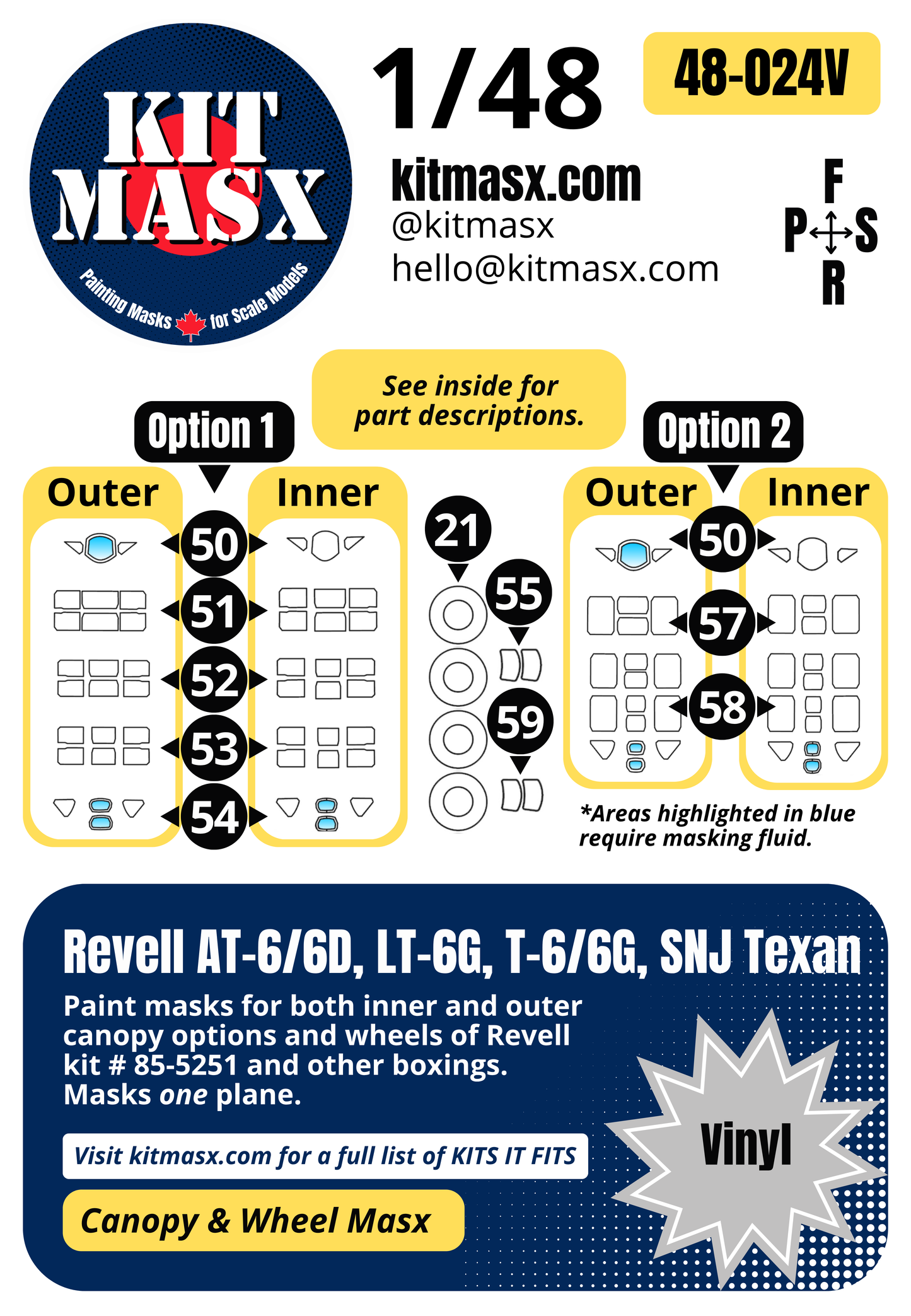 Revell AT-6/6D, LT-6G, T-6/6G, SNJ Texan 1/48 Canopy & Wheel Paint Masks, Kit # 85-5251 (48024)