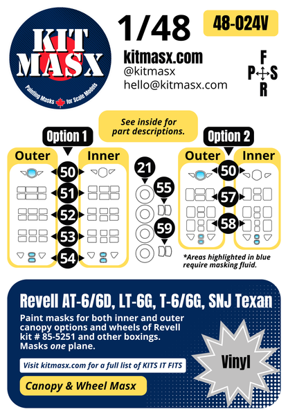 Revell AT-6/6D, LT-6G, T-6/6G, SNJ Texan 1/48 Canopy & Wheel Paint Masks, Kit # 85-5251 (48024)