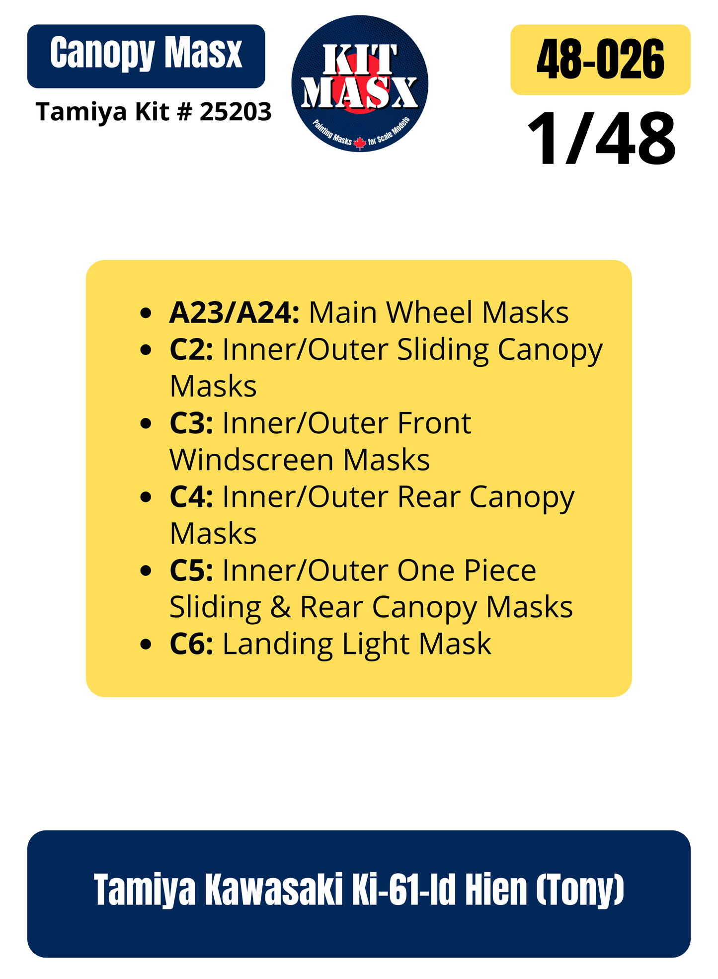 Tamiya Kawasaki Ki-61-Id Hien (Tony) 1/48 Canopy & Wheel Paint Masks, Kit # 25203 (48026)
