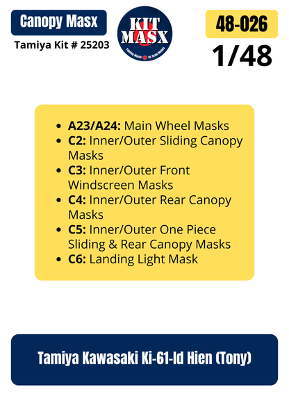 Tamiya Kawasaki Ki-61-Id Hien (Tony) 1/48 Canopy & Wheel Paint Masks, Kit # 25203 (48026)