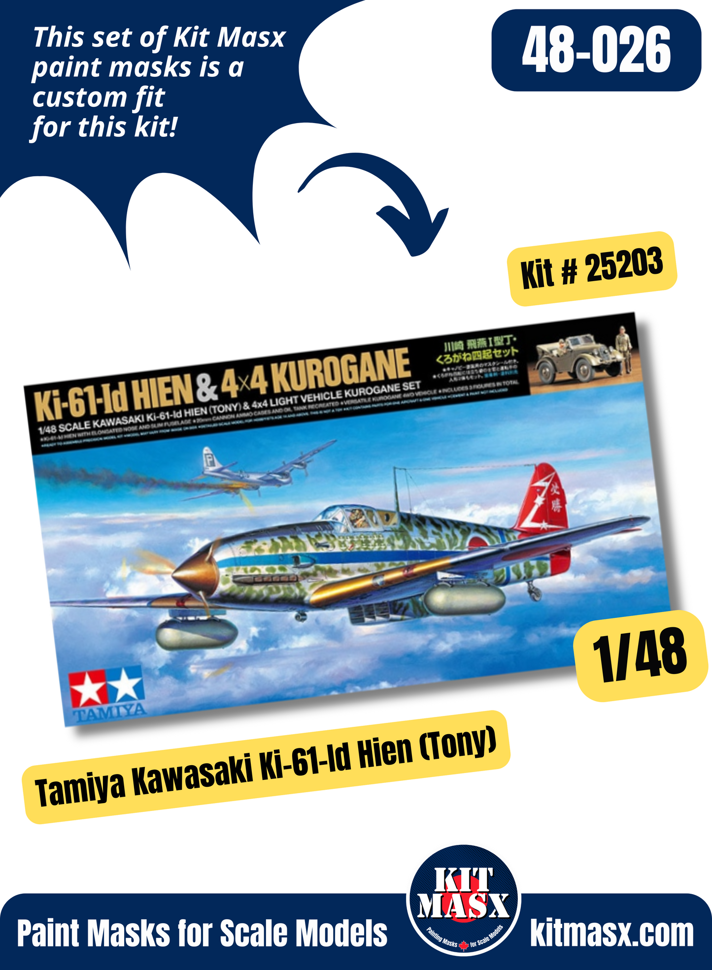 Tamiya Kawasaki Ki-61-Id Hien (Tony) 1/48 Canopy & Wheel Paint Masks, Kit # 25203