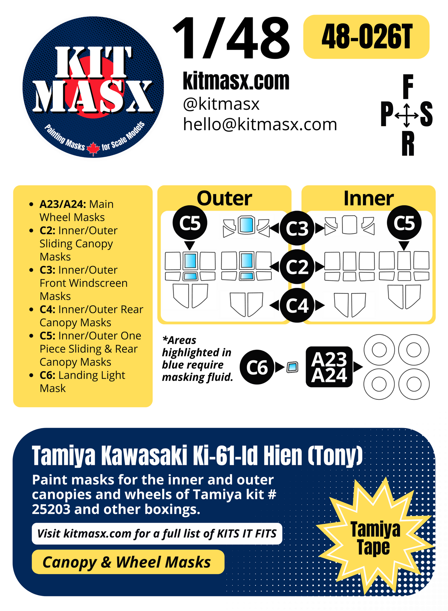 Tamiya Kawasaki Ki-61-Id Hien (Tony) 1/48 Canopy & Wheel Paint Masks, Kit # 25203