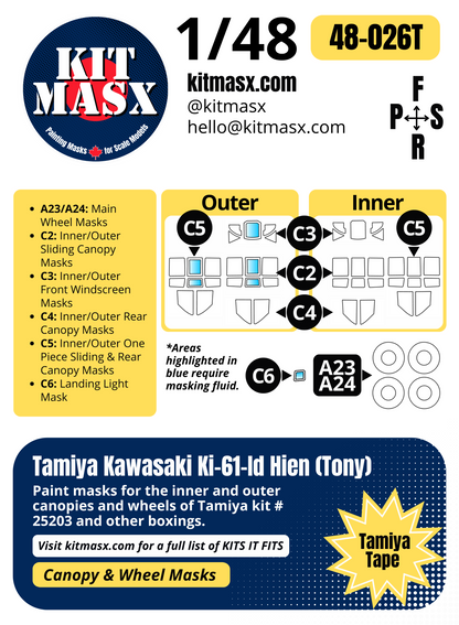 Tamiya Kawasaki Ki-61-Id Hien (Tony) 1/48 Canopy & Wheel Paint Masks, Kit # 25203