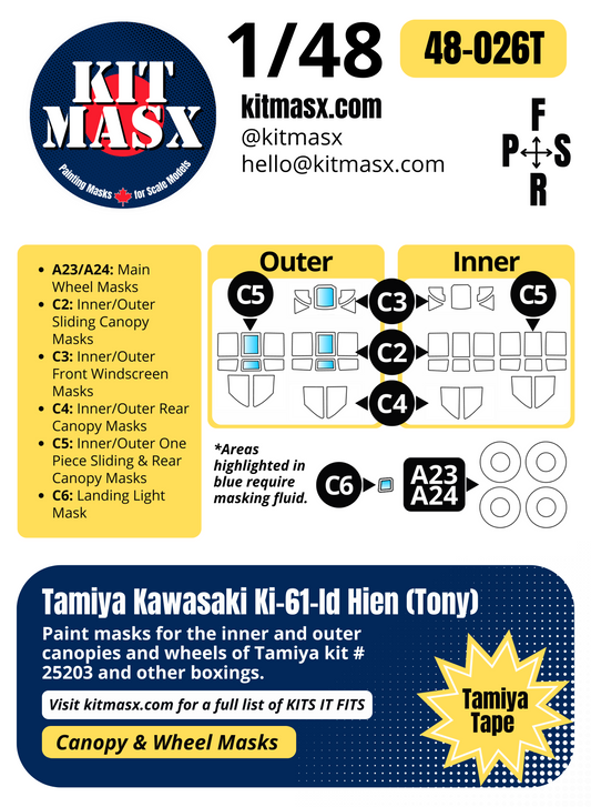 Tamiya Kawasaki Ki-61-Id Hien (Tony) 1/48 Canopy & Wheel Paint Masks, Kit # 25203