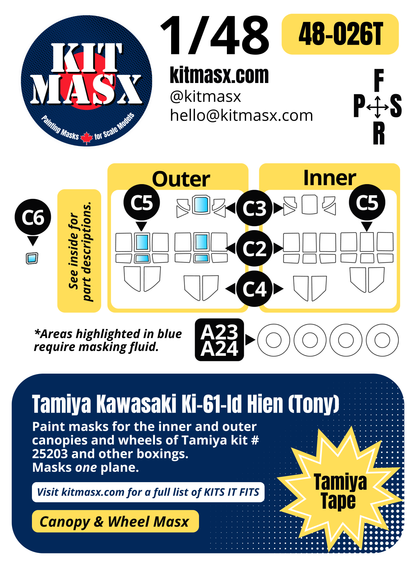 Tamiya Kawasaki Ki-61-Id Hien (Tony) 1/48 Canopy & Wheel Paint Masks, Kit # 25203 (48026)