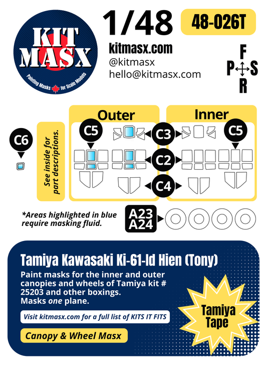Tamiya Kawasaki Ki-61-Id Hien (Tony) 1/48 Canopy & Wheel Paint Masks, Kit # 25203 (48026)