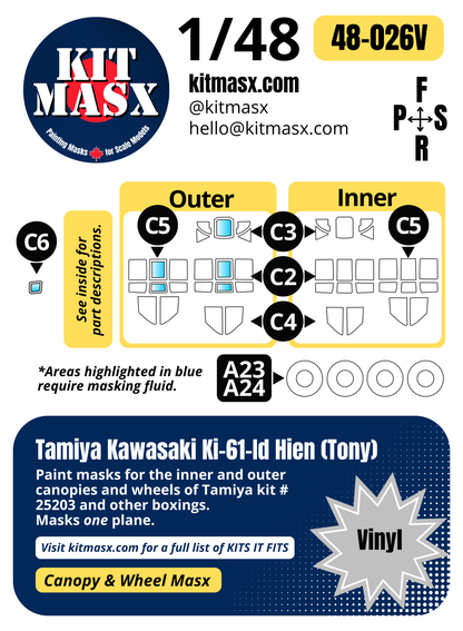 Tamiya Kawasaki Ki-61-Id Hien (Tony) 1/48 Canopy & Wheel Paint Masks, Kit # 25203 (48026)