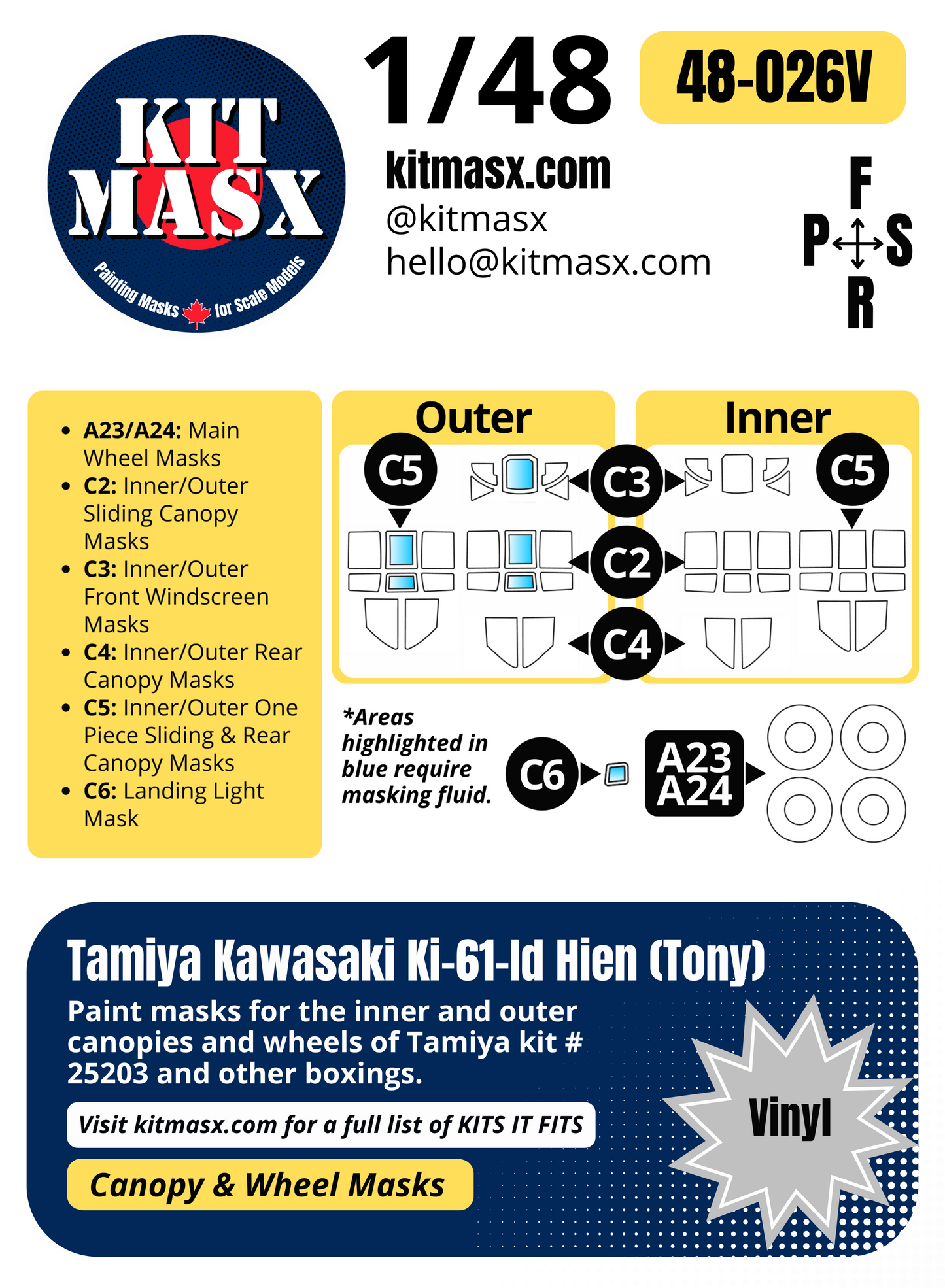 Tamiya Kawasaki Ki-61-Id Hien (Tony) 1/48 Canopy & Wheel Paint Masks, Kit # 25203